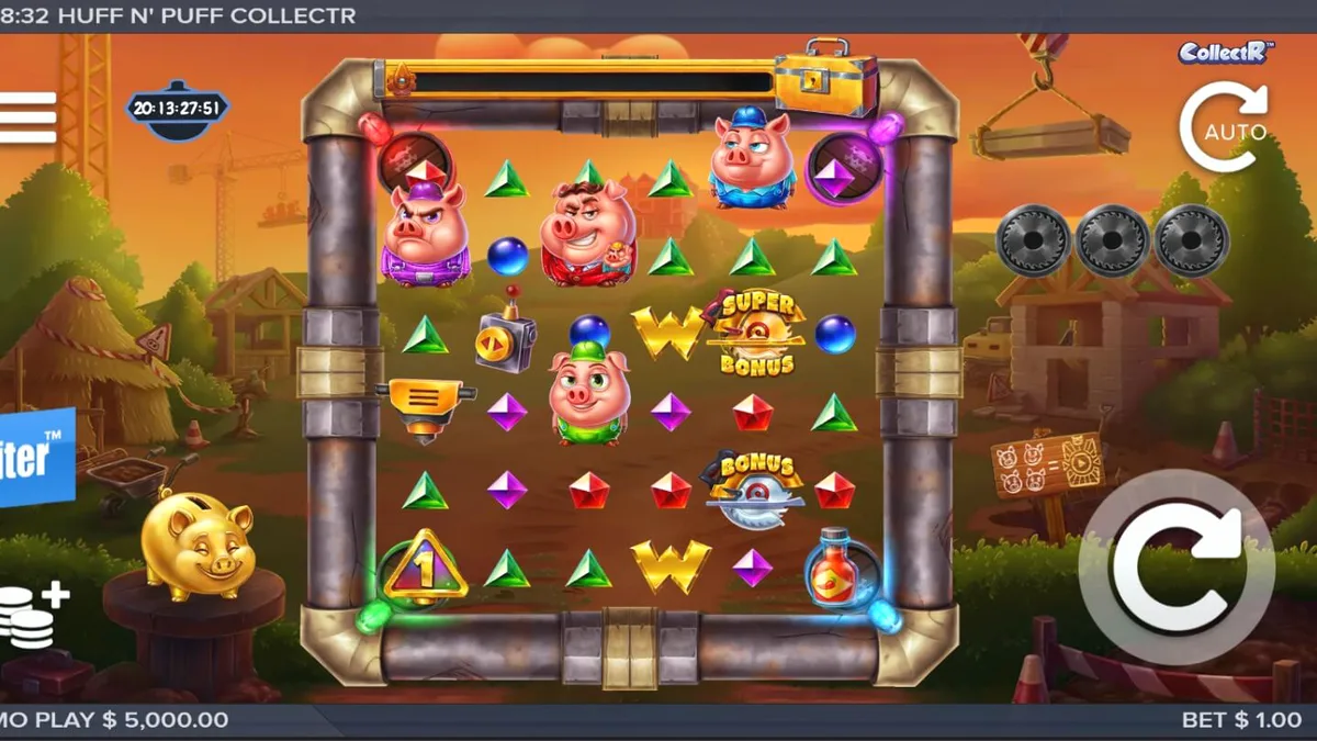 Tampilan visual slot Huff n Puff CollectR dengan tema babi pekerja dan serigala