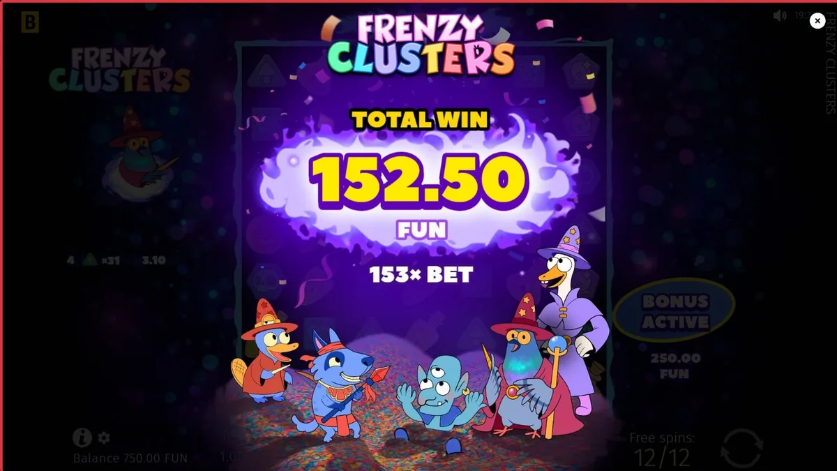 Tampilan visual slot Frenzy Clusters dengan karakter hero dan simbol alkimia yang ceria.