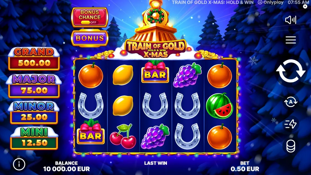 Tampilan visual slot Train of Gold X-Mas dengan tema kereta emas dan suasana Natal